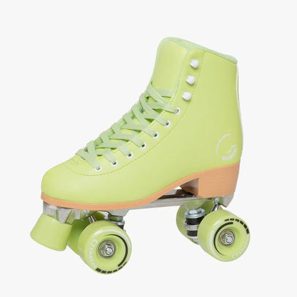 Light green roller skate with orange accents on a white background