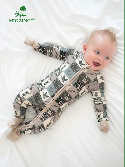 MIOZING Baby Hunting Camo Romper, Deer Duck Target Patchwork Print Bamboo Zipper Jumpsuit, Long Sleeve Outfit, Holiday & Daily Wear For Baby Boys