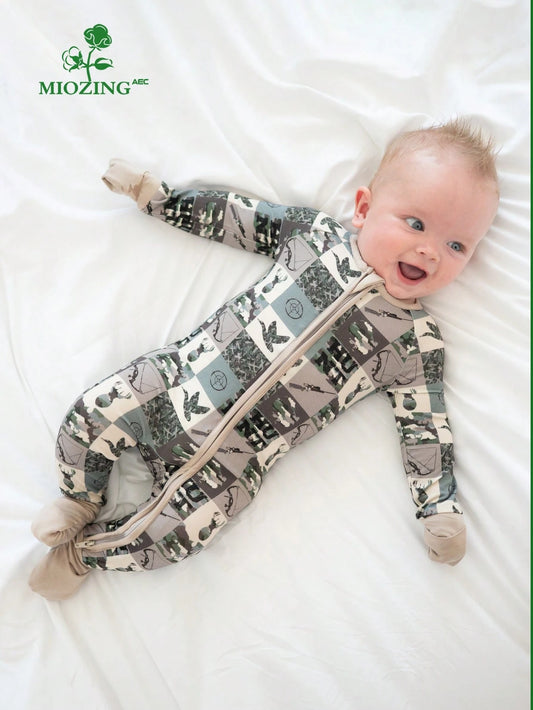 MIOZING Baby Hunting Camo Romper, Deer Duck Target Patchwork Print Bamboo Zipper Jumpsuit, Long Sleeve Outfit, Holiday & Daily Wear For Baby Boys