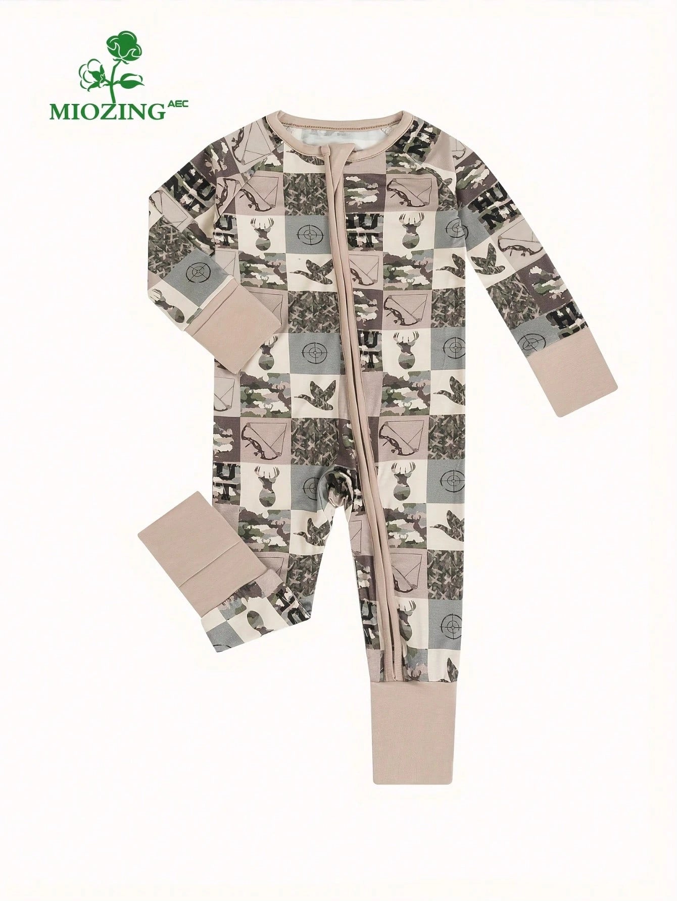 MIOZING Baby Hunting Camo Romper, Deer Duck Target Patchwork Print Bamboo Zipper Jumpsuit, Long Sleeve Outfit, Holiday & Daily Wear For Baby Boys