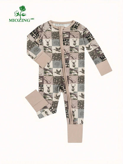 MIOZING Baby Hunting Camo Romper, Deer Duck Target Patchwork Print Bamboo Zipper Jumpsuit, Long Sleeve Outfit, Holiday & Daily Wear For Baby Boys