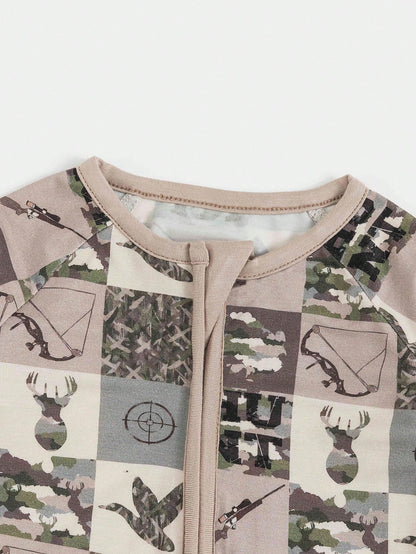 MIOZING Baby Hunting Camo Romper, Deer Duck Target Patchwork Print Bamboo Zipper Jumpsuit, Long Sleeve Outfit, Holiday & Daily Wear For Baby Boys