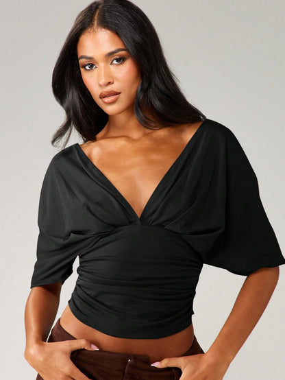 MISSGUIDED Deep V Neck Twist Front Crop Top With Ruched Waist And Off Shoulder Sleeves