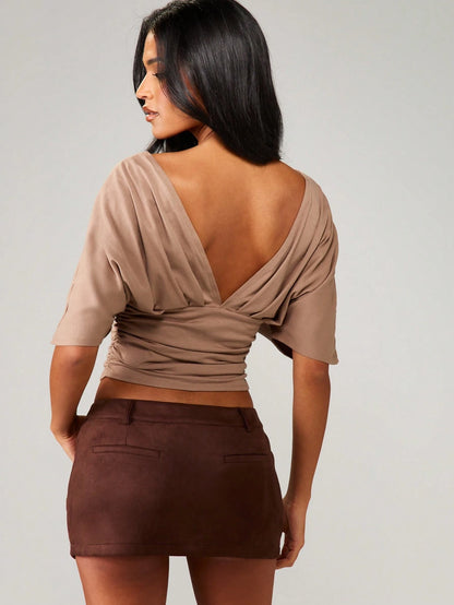 MISSGUIDED Deep V Neck Twist Front Crop Top With Ruched Waist And Off Shoulder Sleeves