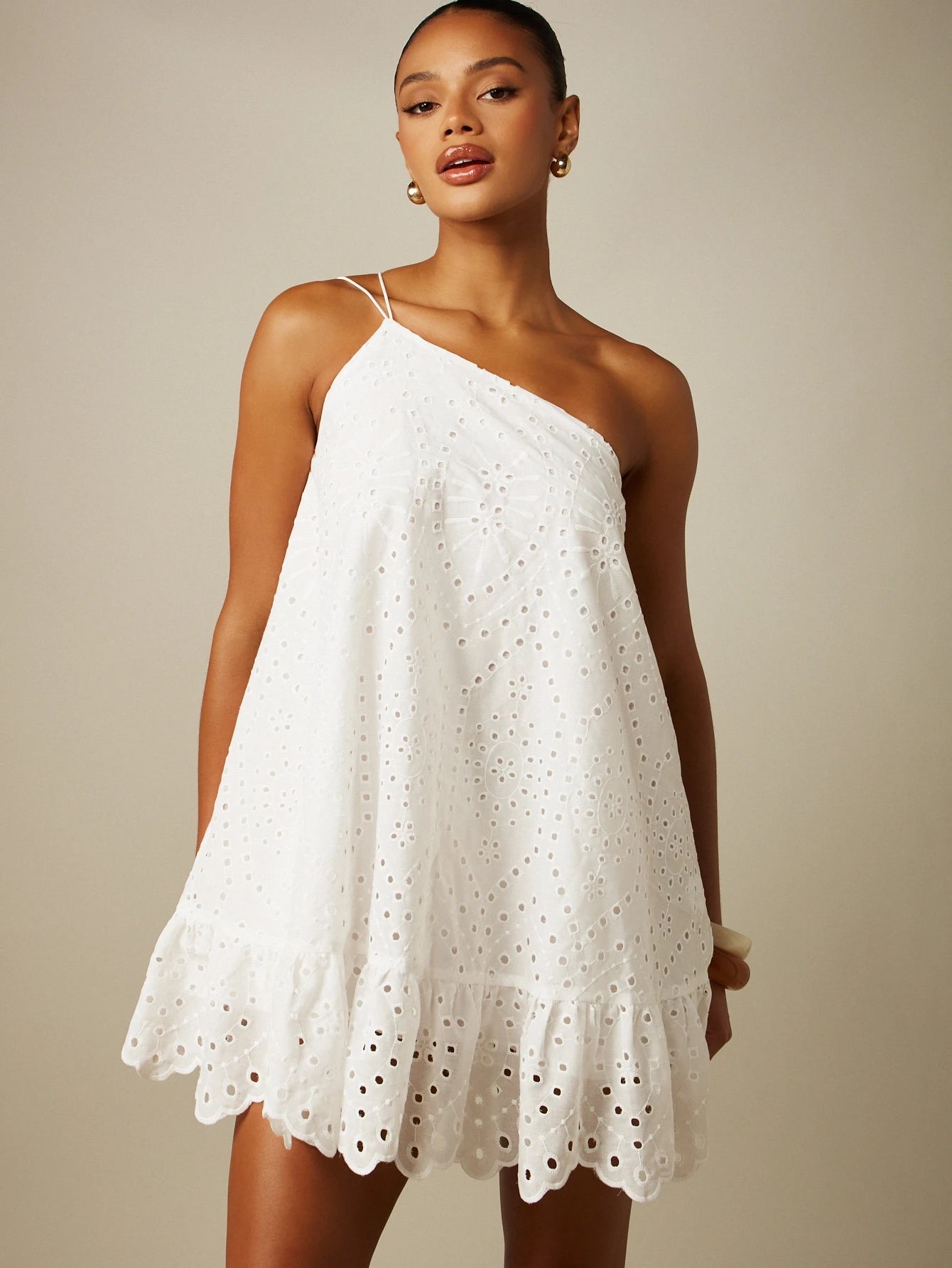 MISSGUIDED Eyelet Embroidered One-Shoulder Mini Dress With Ruffle Hem And Scalloped Edge Summer Beach
