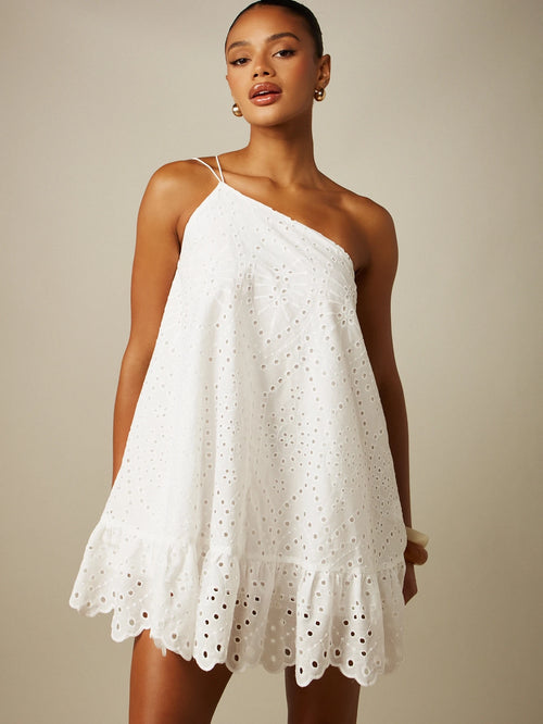 MISSGUIDED Eyelet Embroidered One-Shoulder Mini Dress With Ruffle Hem And Scalloped Edge Summer Beach