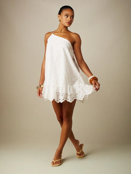 MISSGUIDED Eyelet Embroidered One-Shoulder Mini Dress With Ruffle Hem And Scalloped Edge Summer Beach