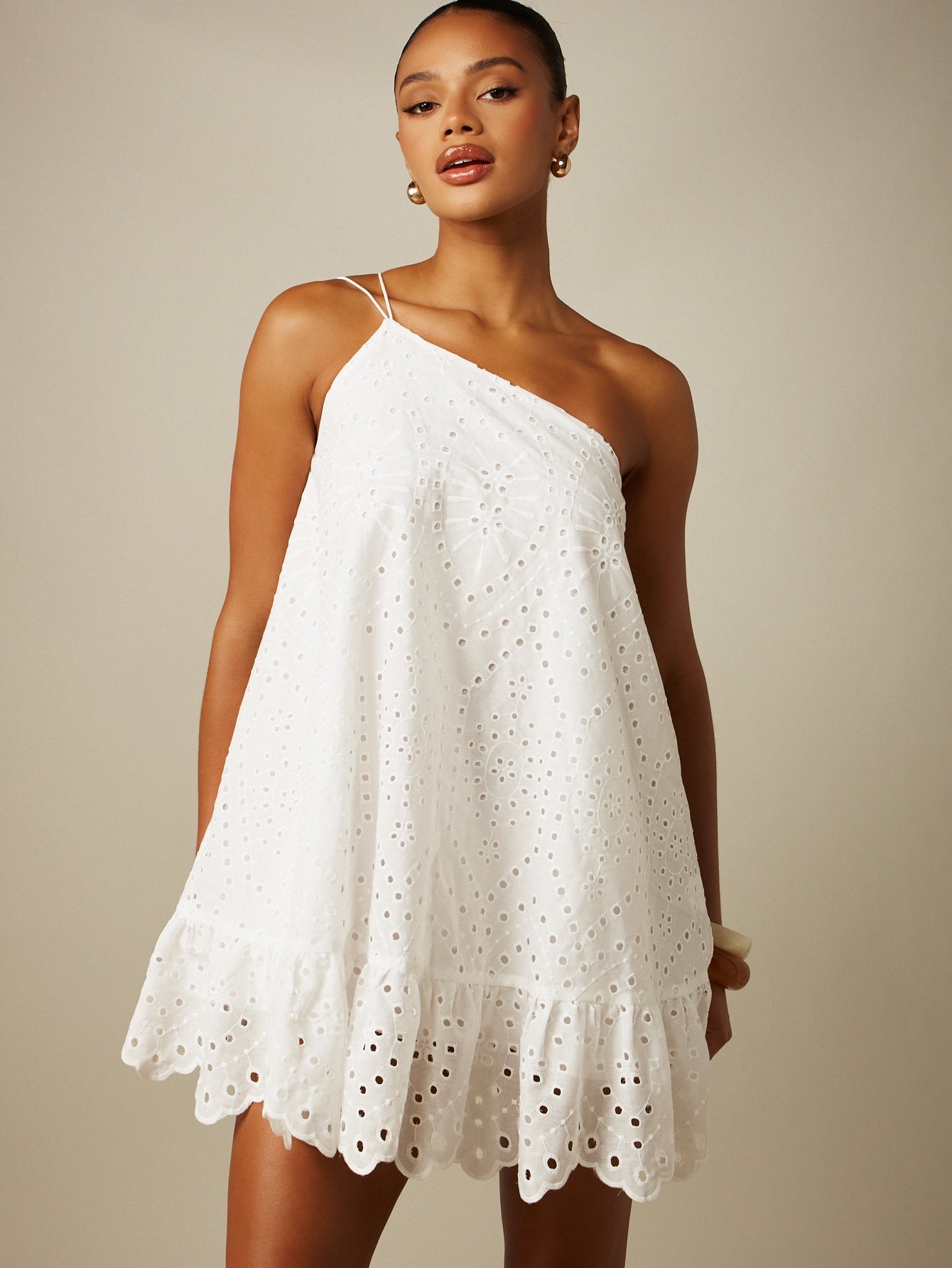 MISSGUIDED Eyelet Embroidered One-Shoulder Mini Dress With Ruffle Hem And Scalloped Edge Summer Beach