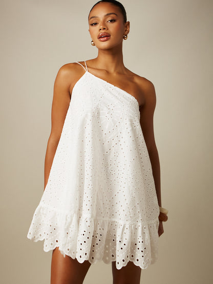 MISSGUIDED Eyelet Embroidered One-Shoulder Mini Dress With Ruffle Hem And Scalloped Edge Summer Beach