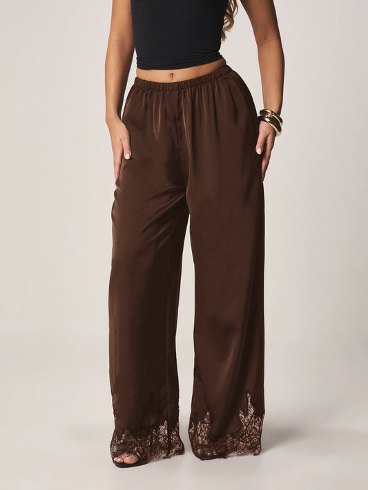 MISSGUIDED Women's High Waisted Satin Wide Leg Trousers With Lace Hem Trim Palazzo Pants Flowy Elegant
