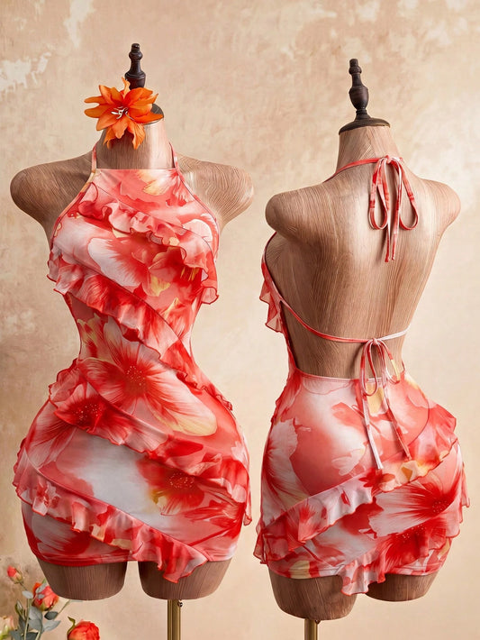Mistrie Women's White Floral Print Halter Dress,Summer Casual Ruffled Sheer Slim Fit Dress,Beach Holiday Vacation,Y2K Sweet Spicy Style Holiday Outfit