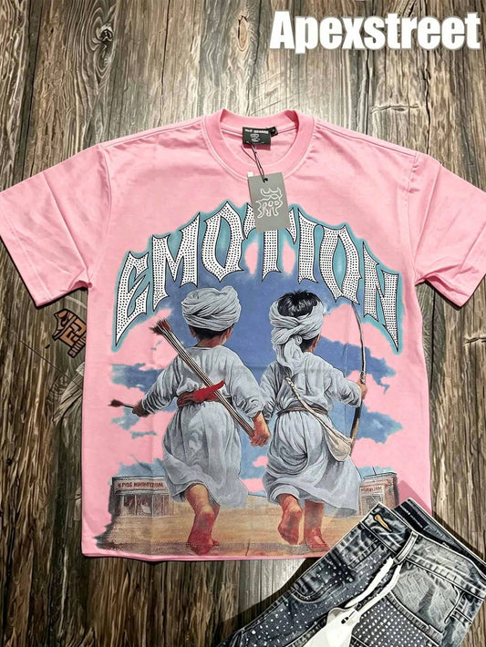 Mixed Emotion Graphic Tee, Oversized Vintage Minimalist Hip-Hop Streetwear, 180g Cotton Casual Outdoor Summer Vacation Daily Top For Men