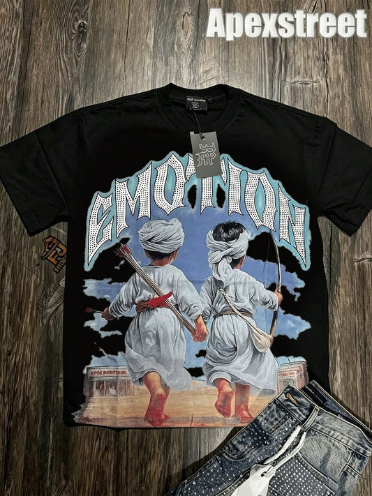Mixed Emotion Graphic Tee, Oversized Vintage Minimalist Hip-Hop Streetwear, 180g Cotton Casual Outdoor Summer Vacation Daily Top For Men
