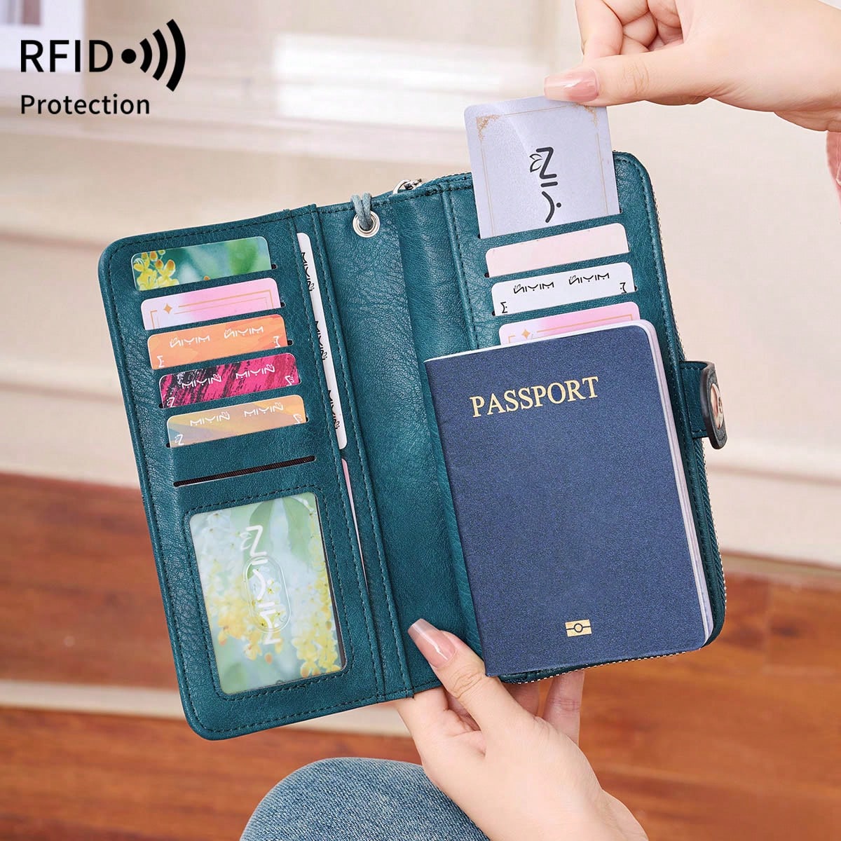 MIYIN RFID Blocking Waxed Leather Long Wristlet Wallet, Snap Button Zipper Multi-Card Purse, Multi-Function Document Passport Holder With Hand Strap