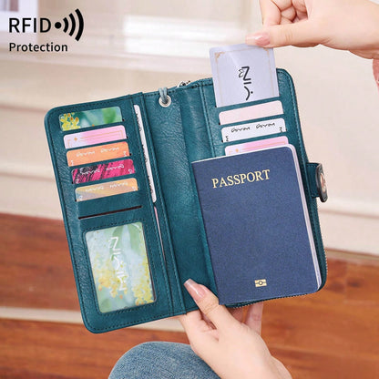 MIYIN RFID Blocking Waxed Leather Long Wristlet Wallet, Snap Button Zipper Multi-Card Purse, Multi-Function Document Passport Holder With Hand Strap