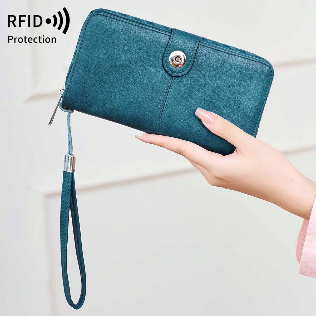 MIYIN RFID Blocking Waxed Leather Long Wristlet Wallet, Snap Button Zipper Multi-Card Purse, Multi-Function Document Passport Holder With Hand Strap