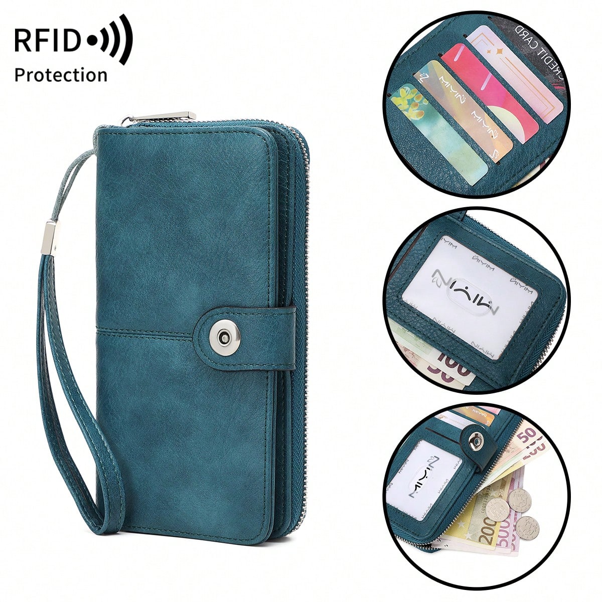 MIYIN RFID Blocking Waxed Leather Long Wristlet Wallet, Snap Button Zipper Multi-Card Purse, Multi-Function Document Passport Holder With Hand Strap