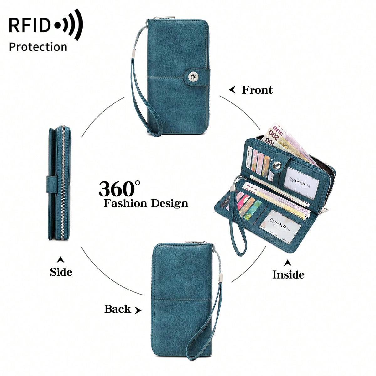MIYIN RFID Blocking Waxed Leather Long Wristlet Wallet, Snap Button Zipper Multi-Card Purse, Multi-Function Document Passport Holder With Hand Strap