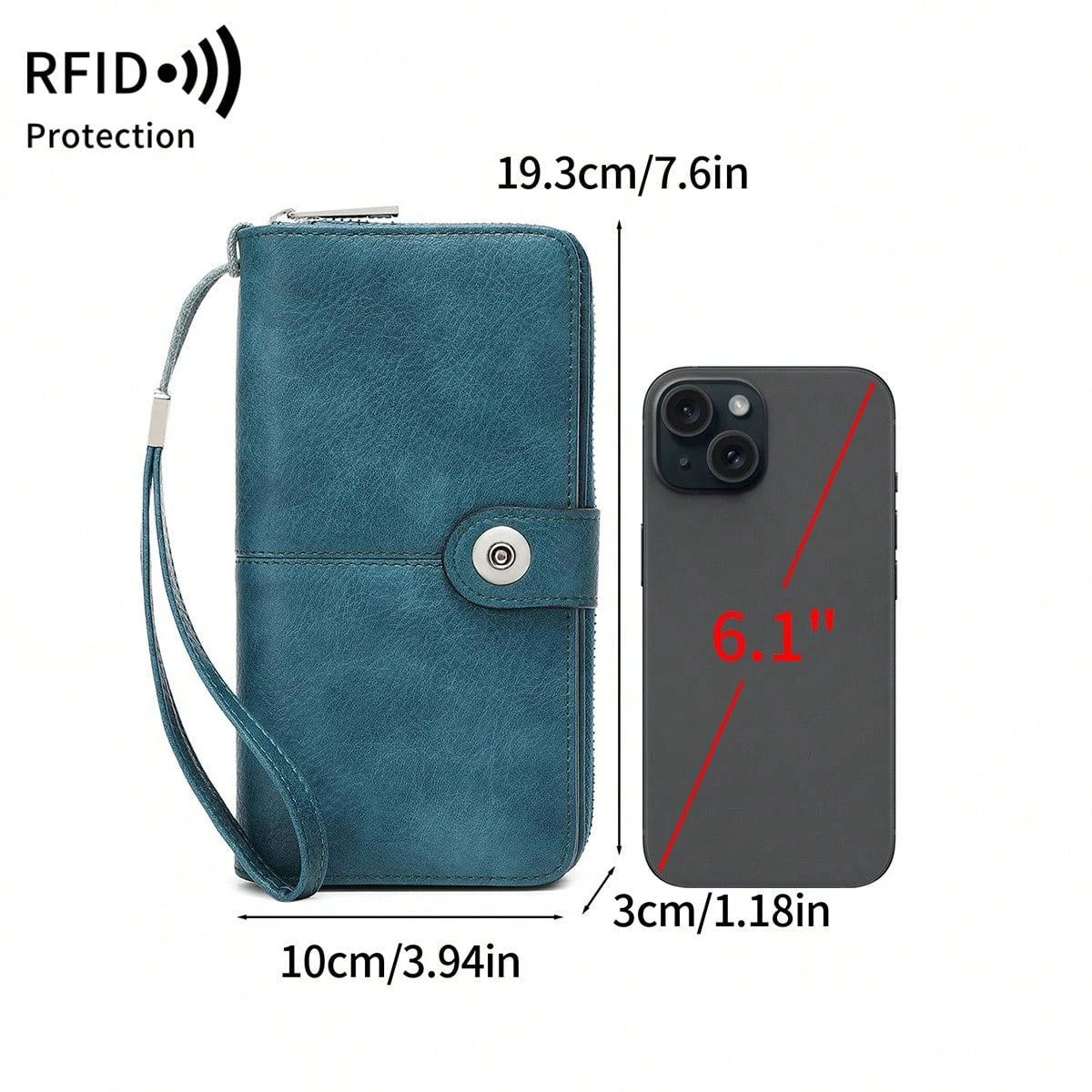 MIYIN RFID Blocking Waxed Leather Long Wristlet Wallet, Snap Button Zipper Multi-Card Purse, Multi-Function Document Passport Holder With Hand Strap