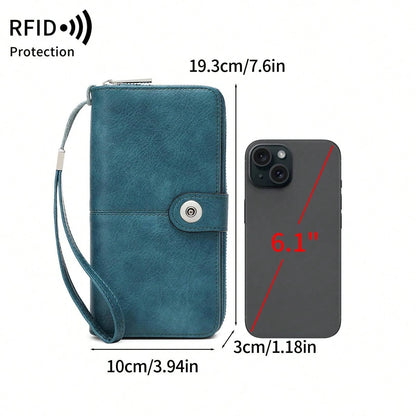 MIYIN RFID Blocking Waxed Leather Long Wristlet Wallet, Snap Button Zipper Multi-Card Purse, Multi-Function Document Passport Holder With Hand Strap
