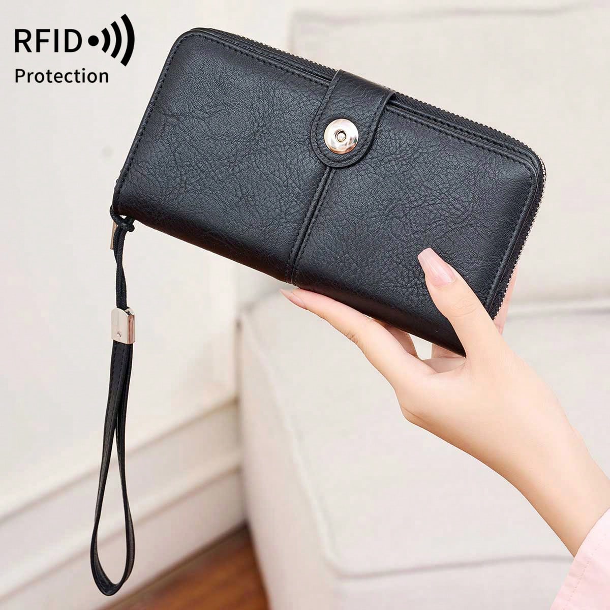 MIYIN RFID Blocking Waxed Leather Long Wristlet Wallet, Snap Button Zipper Multi-Card Purse, Multi-Function Document Passport Holder With Hand Strap