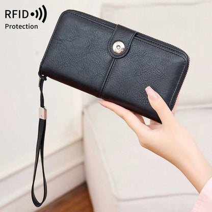 MIYIN RFID Blocking Waxed Leather Long Wristlet Wallet, Snap Button Zipper Multi-Card Purse, Multi-Function Document Passport Holder With Hand Strap
