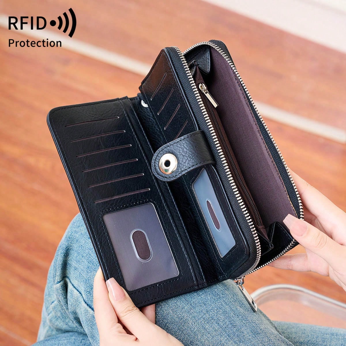 MIYIN RFID Blocking Waxed Leather Long Wristlet Wallet, Snap Button Zipper Multi-Card Purse, Multi-Function Document Passport Holder With Hand Strap