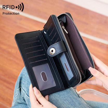 MIYIN RFID Blocking Waxed Leather Long Wristlet Wallet, Snap Button Zipper Multi-Card Purse, Multi-Function Document Passport Holder With Hand Strap