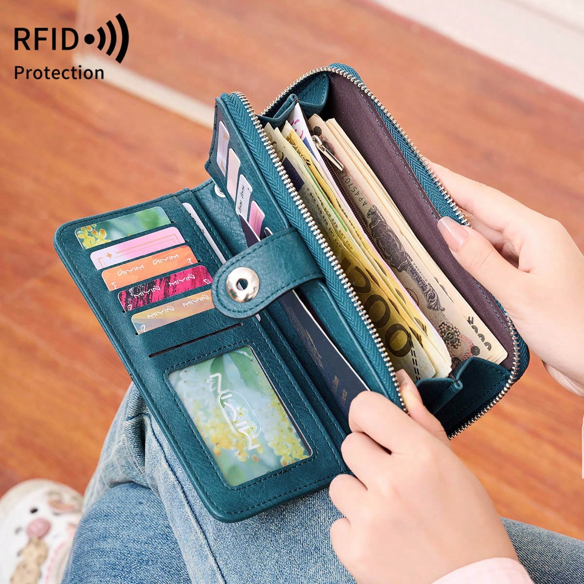 MIYIN RFID Blocking Waxed Leather Long Wristlet Wallet, Snap Button Zipper Multi-Card Purse, Multi-Function Document Passport Holder With Hand Strap