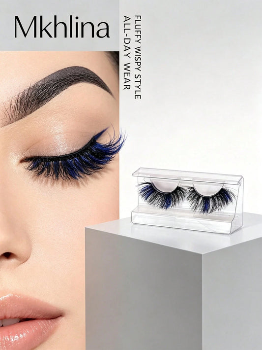 Mkhlina Colored Blue Mink Lashes Fluffy Wispy Volume False Eyelashes Dramatic Cat Eye Strip Lashes For Party Makeup