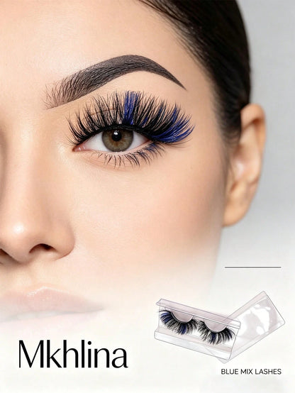 Mkhlina Colored Blue Mink Lashes Fluffy Wispy Volume False Eyelashes Dramatic Cat Eye Strip Lashes For Party Makeup