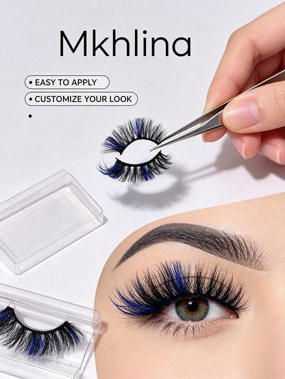 Mkhlina Colored Blue Mink Lashes Fluffy Wispy Volume False Eyelashes Dramatic Cat Eye Strip Lashes For Party Makeup