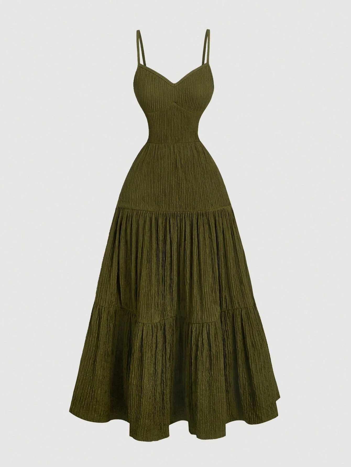 MOD 1pc Olive Green Spaghetti Strap Tiered Ruffle Waist Dress,Boho Summer Vacation Elegant Fairy Costume,Homecoming Festival Tea Party Women Outfit