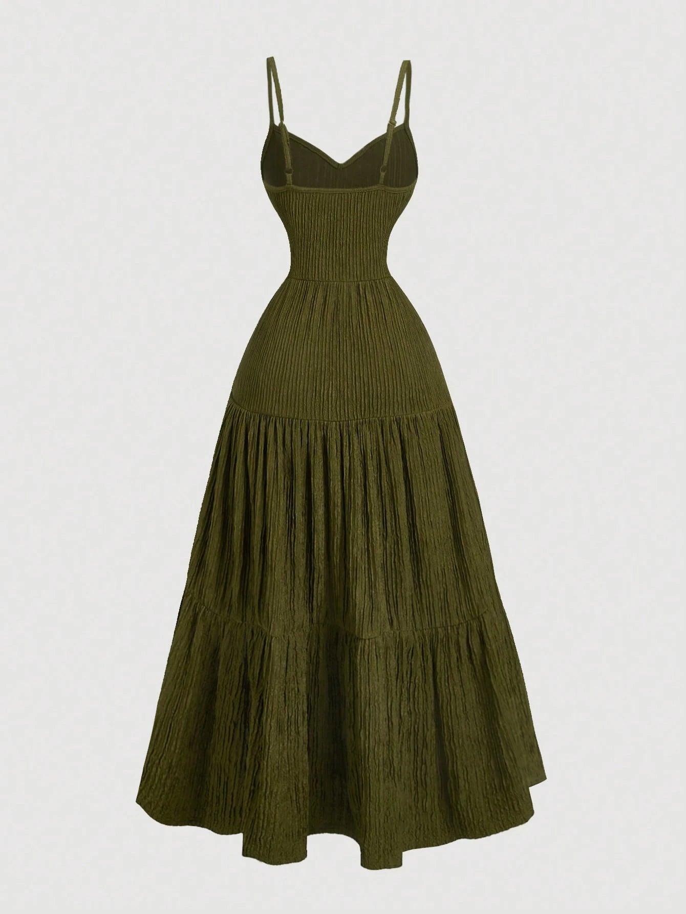 MOD 1pc Olive Green Spaghetti Strap Tiered Ruffle Waist Dress,Boho Summer Vacation Elegant Fairy Costume,Homecoming Festival Tea Party Women Outfit