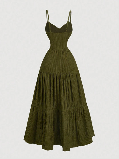 MOD 1pc Olive Green Spaghetti Strap Tiered Ruffle Waist Dress,Boho Summer Vacation Elegant Fairy Costume,Homecoming Festival Tea Party Women Outfit