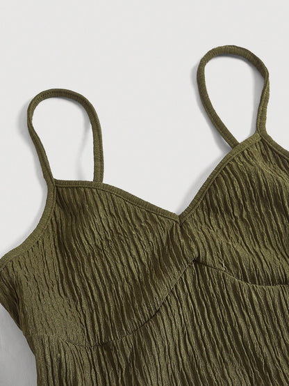 MOD 1pc Olive Green Spaghetti Strap Tiered Ruffle Waist Dress,Boho Summer Vacation Elegant Fairy Costume,Homecoming Festival Tea Party Women Outfit
