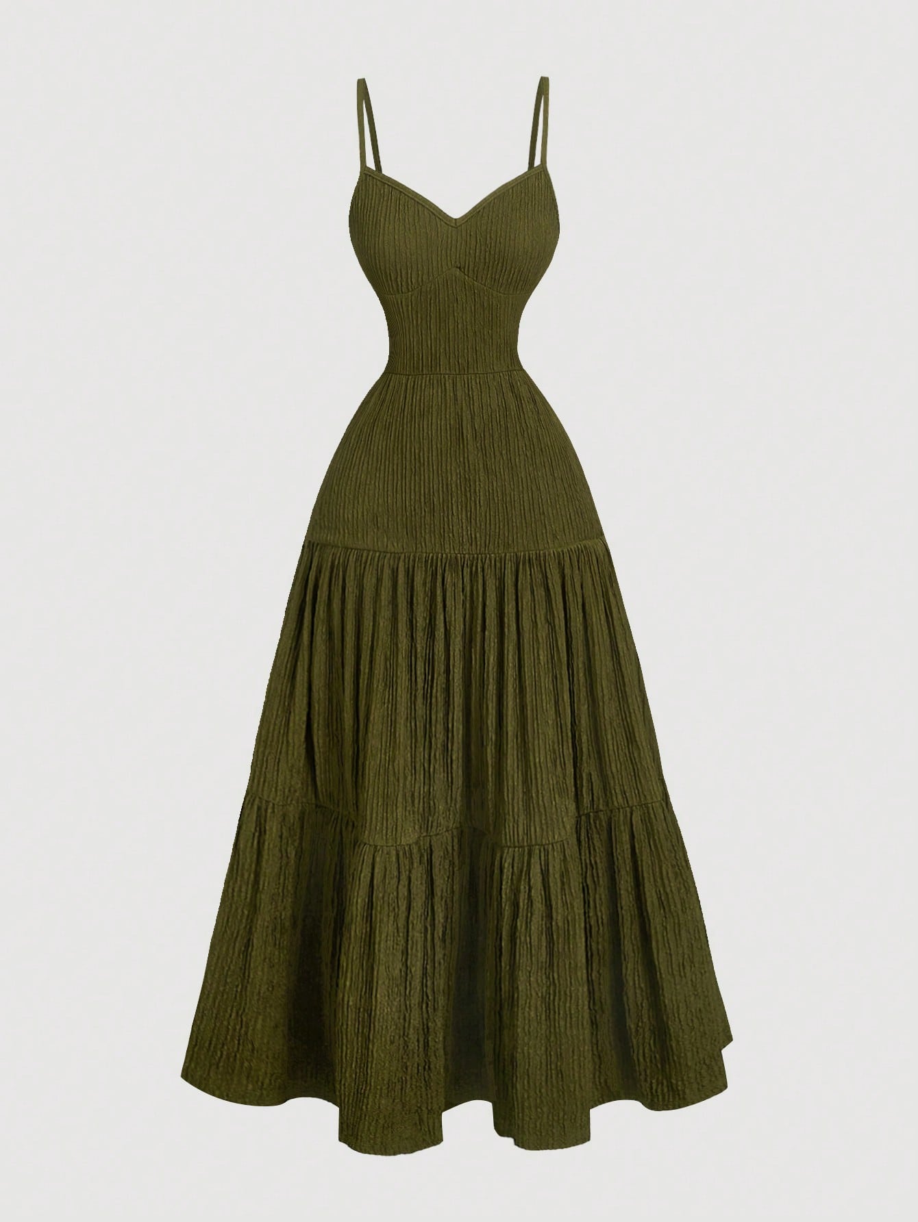MOD 1pc Olive Green Spaghetti Strap Tiered Ruffle Waist Dress,Boho Summer Vacation Elegant Fairy Costume,Homecoming Festival Tea Party Women Outfit