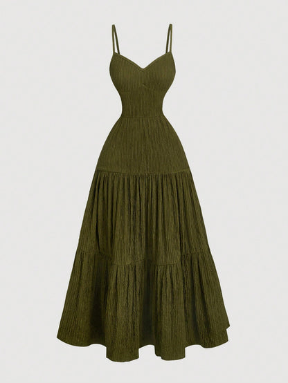 MOD 1pc Olive Green Spaghetti Strap Tiered Ruffle Waist Dress,Boho Summer Vacation Elegant Fairy Costume,Homecoming Festival Tea Party Women Outfit