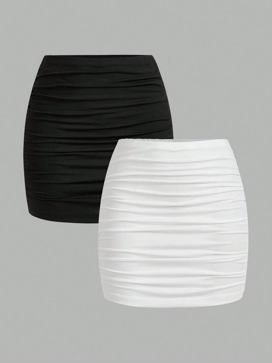 MOD 2pcs Women Casual Sexy Ruched Bodycon Mini Skirt Set,White And Black Autumn Girly Night Out,Versatile Elegant Party Night Club Date Lace Skirt,Beach