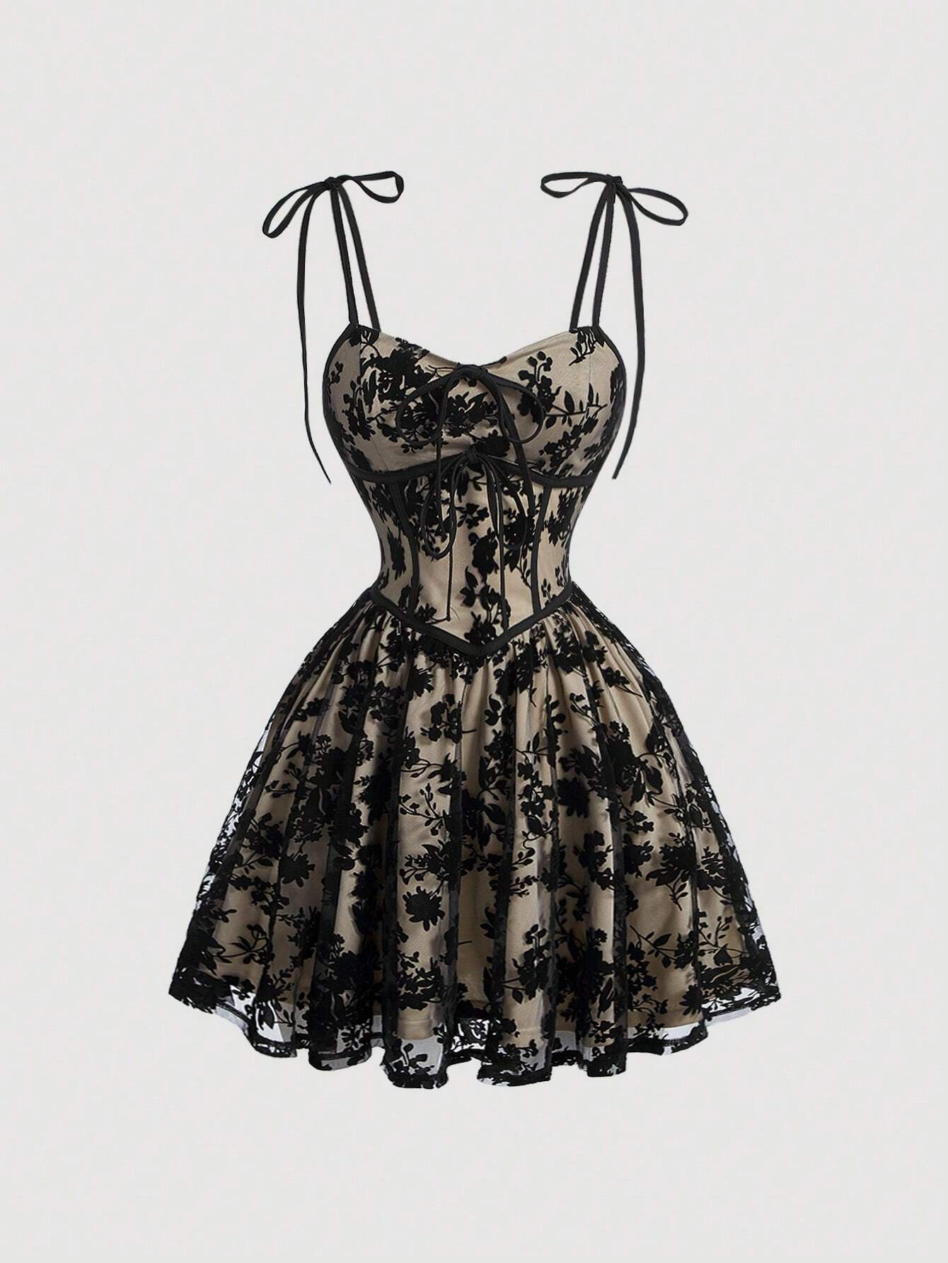 MOD Beige Elegant Summer Party Dress,Black Floral Lace Corset,Tie Shoulder Straps,Sweetheart Neckline,Fitted Waist,Flared Skirt,Vintage Wedding Guest Wear