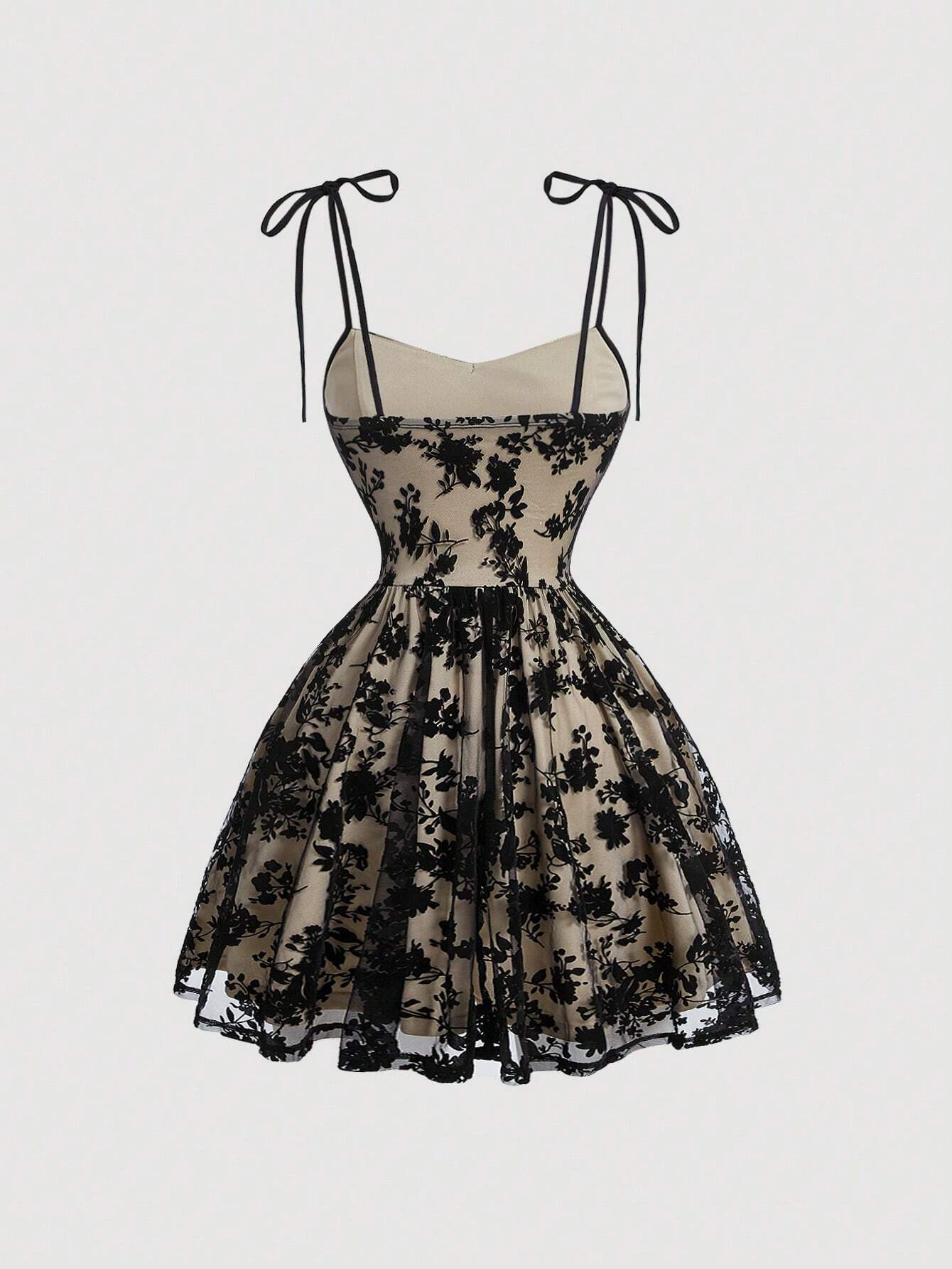 MOD Beige Elegant Summer Party Dress,Black Floral Lace Corset,Tie Shoulder Straps,Sweetheart Neckline,Fitted Waist,Flared Skirt,Vintage Wedding Guest Wear