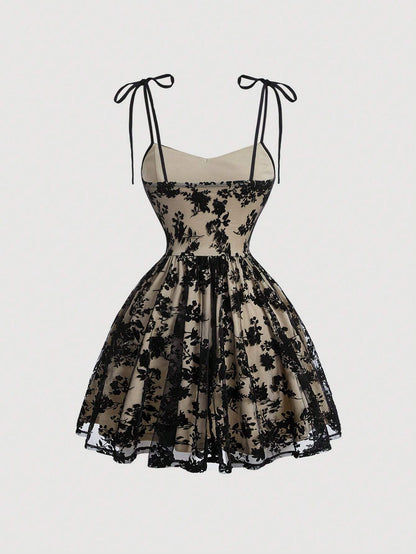 MOD Beige Elegant Summer Party Dress,Black Floral Lace Corset,Tie Shoulder Straps,Sweetheart Neckline,Fitted Waist,Flared Skirt,Vintage Wedding Guest Wear