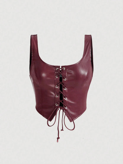 MOD Black Crossed Frenulum Lace Up Front PU Leather Tank Top