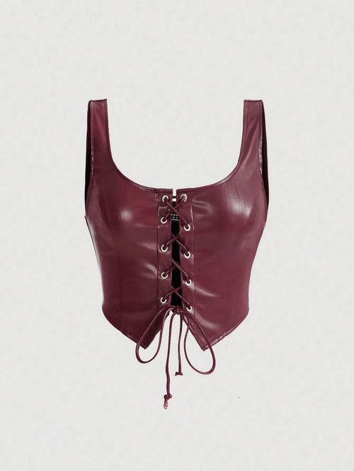 MOD Black Crossed Frenulum Lace Up Front PU Leather Tank Top