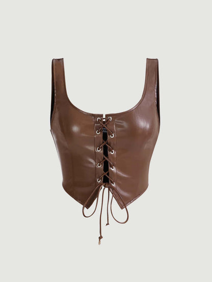 MOD Black Crossed Frenulum Lace Up Front PU Leather Tank Top