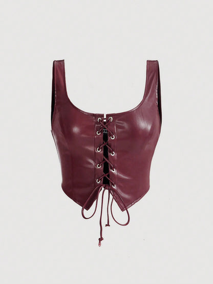 MOD Black Crossed Frenulum Lace Up Front PU Leather Tank Top