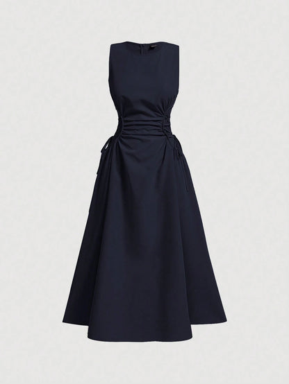 MOD Navy Date Night Side Cross Tie Solid Pleated Long Dress,Brunch,Birthday,Back To School,Work,Summer Dresses For Women,Tea Party Dress