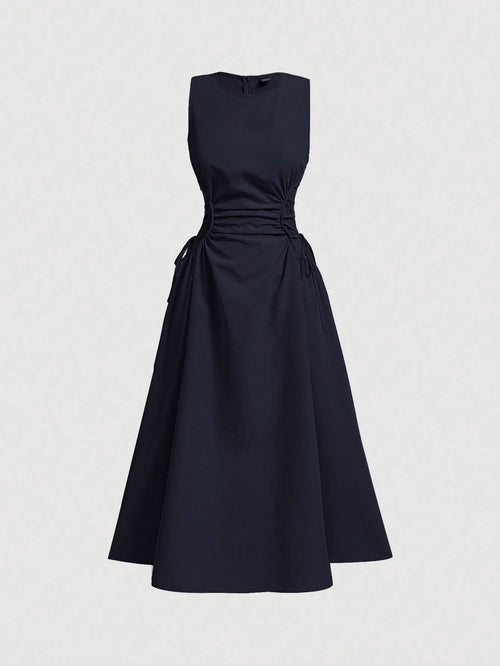 MOD Navy Date Night Side Cross Tie Solid Pleated Long Dress,Brunch,Birthday,Back To School,Work,Summer Dresses For Women,Tea Party Dress