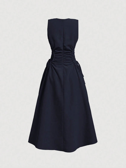 MOD Navy Date Night Side Cross Tie Solid Pleated Long Dress,Brunch,Birthday,Back To School,Work,Summer Dresses For Women,Tea Party Dress