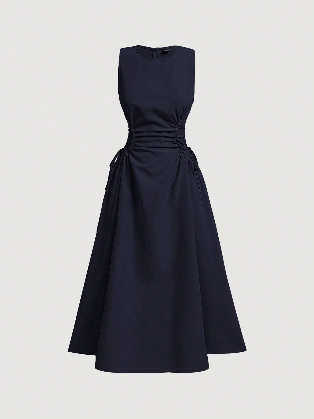 MOD Navy Date Night Side Cross Tie Solid Pleated Long Dress,Brunch,Birthday,Back To School,Work,Summer Dresses For Women,Tea Party Dress